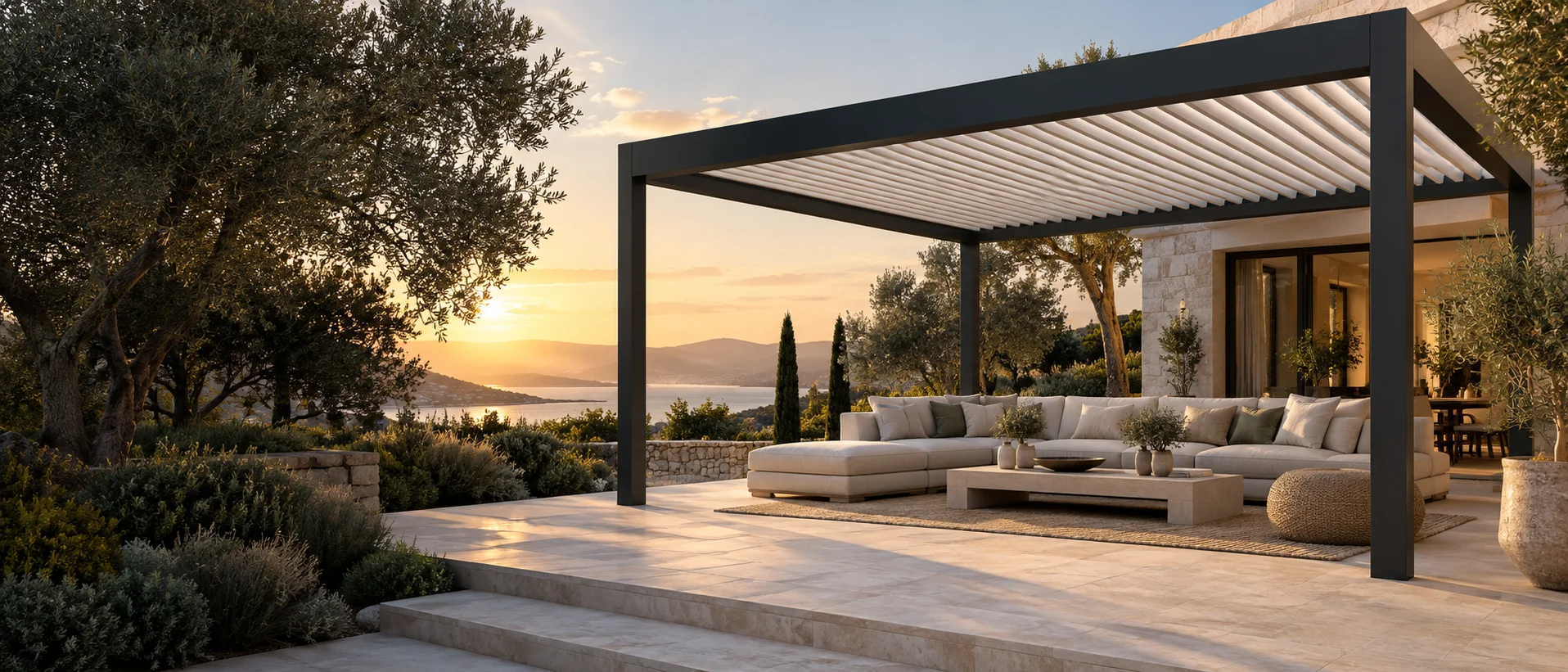 Escena conceptual de una pérgola de lamas sobre una terraza mediterránea